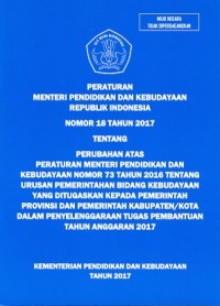 Peraturan menteri pendidikan dan kebudayaan Republik Indonesia nomor 18 tahun 2017 tentang perubahan atas peraturan menteri pendidikan dan kebudayaan nomor 73 tahun 2016 tentang urusan pemerintahan bidang kebudayaan yang ditugaskan kepada pemerintah provinsi dan pemerintah kabupaten/kota dalam penyelenggaraan tugas pembantuan tahun anggaran 2017